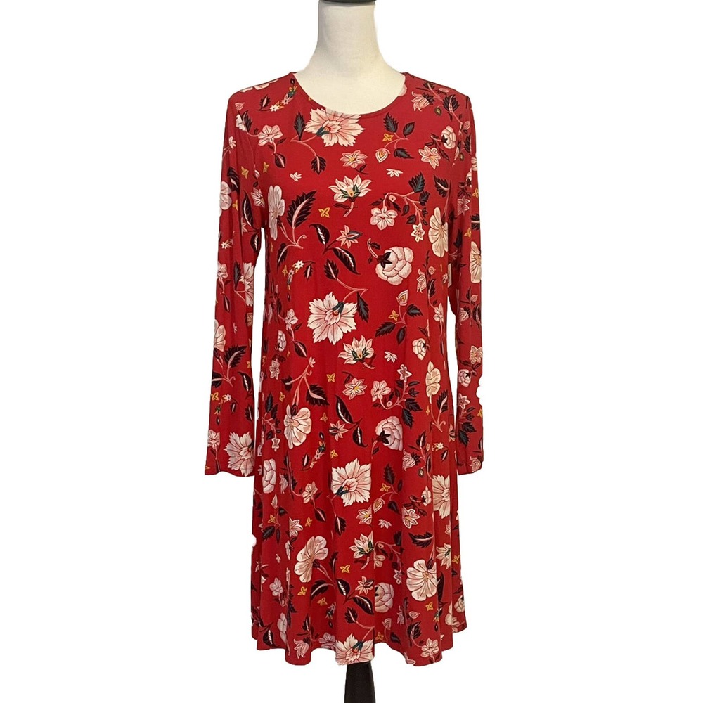Old Navy Womens Red Floral Long Sleeve Knee Length Jersey Shift Dress Sz M NWT